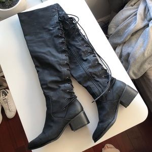 F21 Over-the-knee Black Lace-back Boots